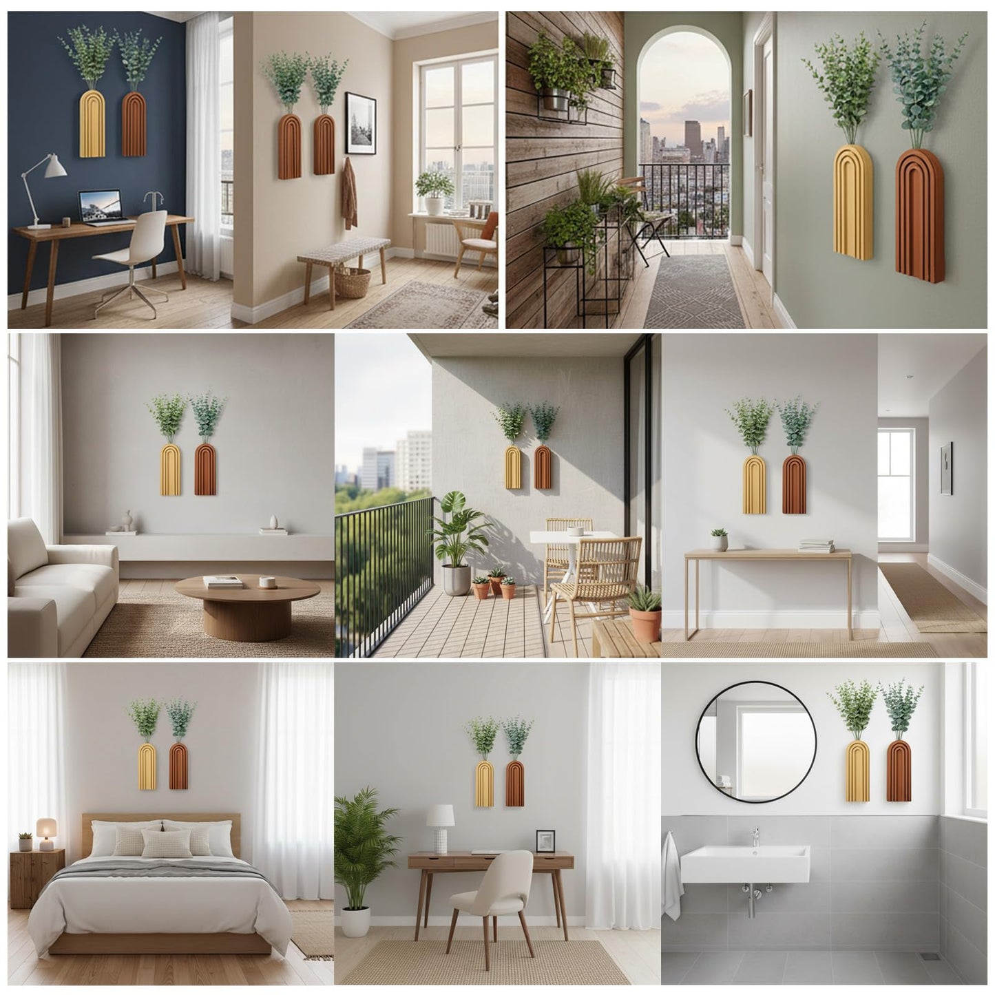 2 Pack Wood Wall Planter Vase Set with Artificial Eucalyptus, Modern Farmhouse Hanging Planters for Indoor Plants, Boho Home Wall Decor for Living Room, Bedroom, Office, Entryway, Hallway, Patio
