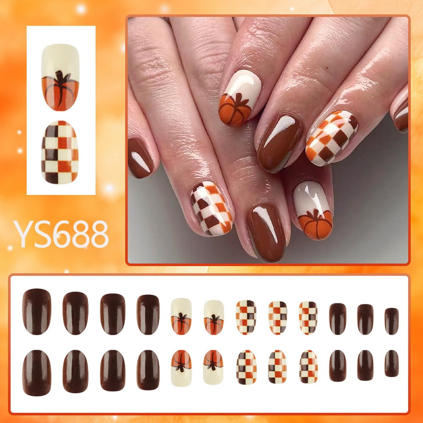 Fall Press on Nails Short Almond Fake Nails Brown False with Grid Pumpkin designs Halloween Glue Glossy Full Cover Thanksgiving Stick on Nails for Women Girls DIY Manicure24pcs