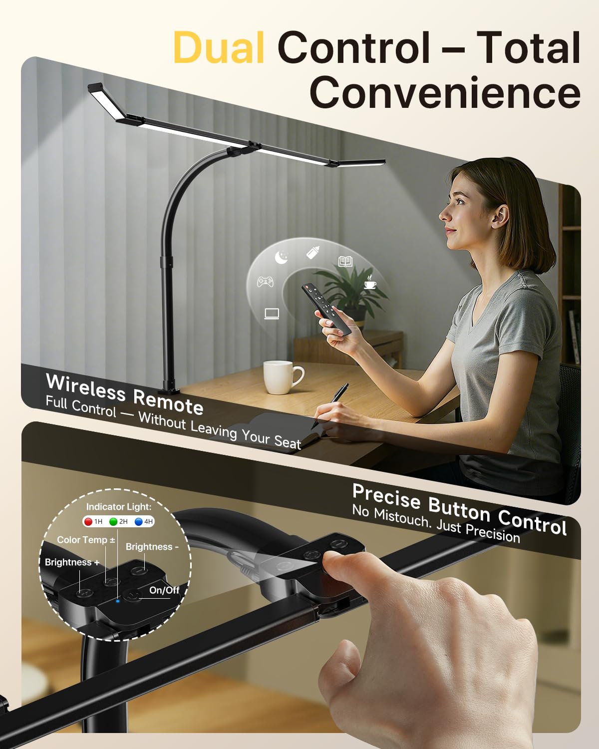 ONEMIX 42" LED Desk Lamp with Clamp, Architect Desk Light with Remote, Adjustable 4-Segment Bar, 1800LM Bright, Eye-Caring Desk Lamp for Home Office, Reading, Study, Dual Monitors, Workbench(Black)