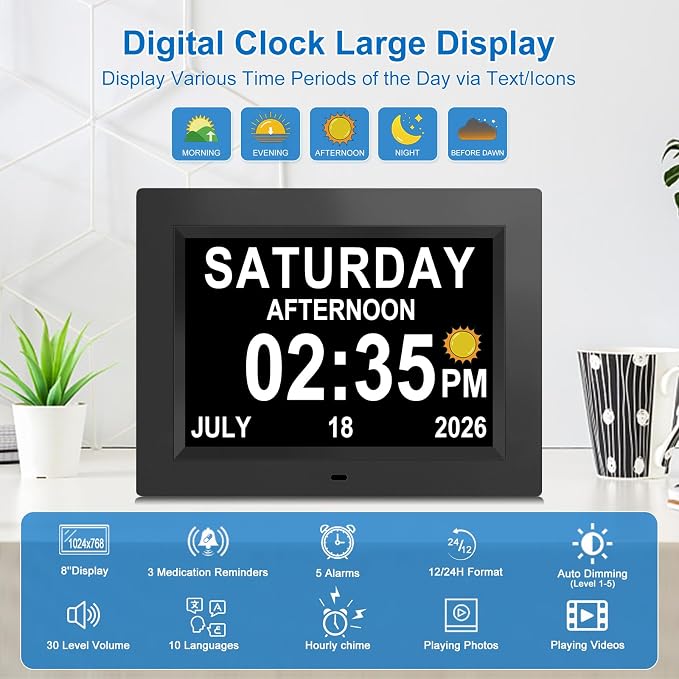 SSINI Dementia Clock Large Digital Calendar for Seniors with Date and Time - Elderly Digital Clock Large Display, 12 Custom Alarms (8 Inch)