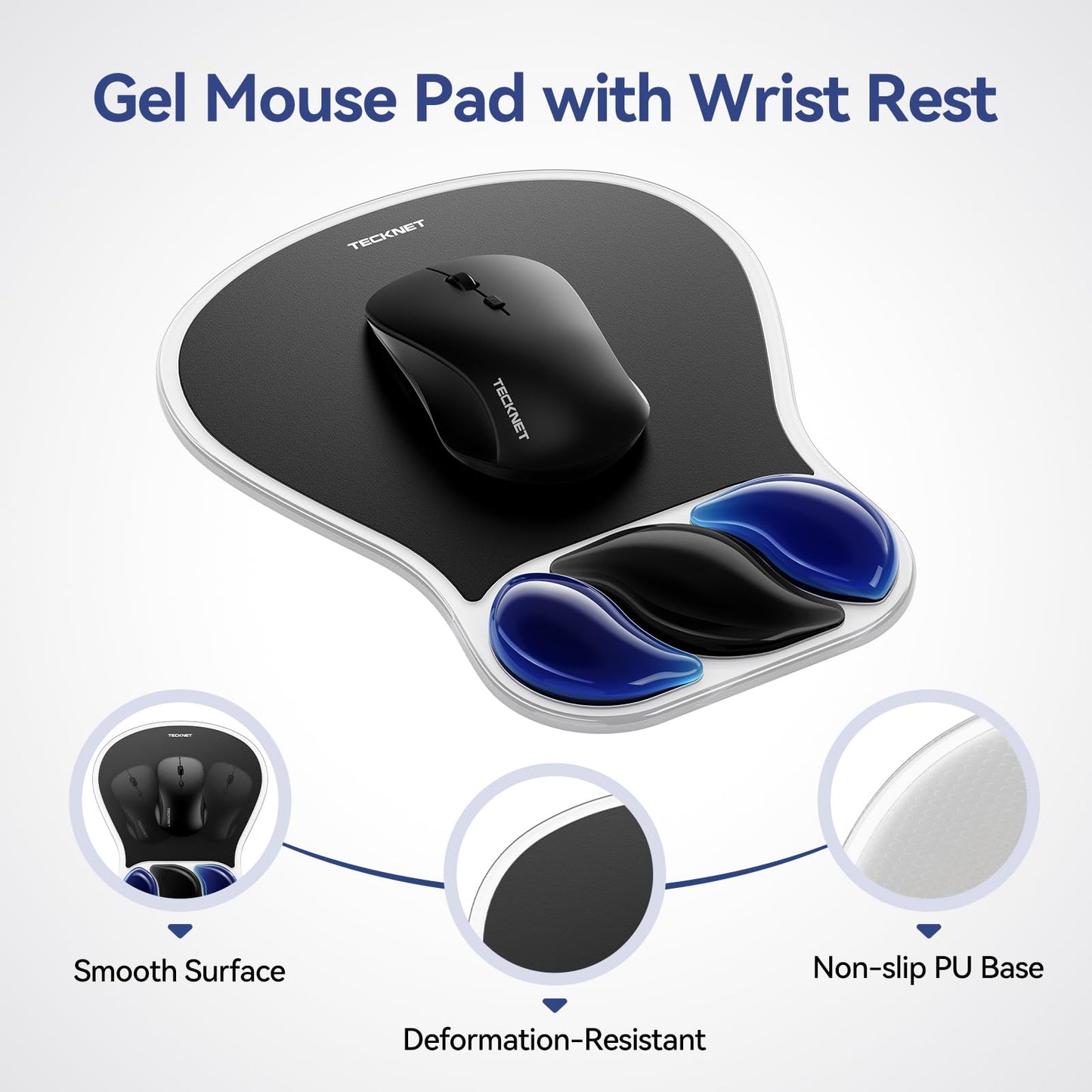 TECKNET Gel Mouse Pad with Wrist Rest, Ergonomic Mouse Pad with Gel Wrist Support for Relieve Wrist Pain Comfortably - Non-Slip Base & Waterproof Surface for Office & Home - Black