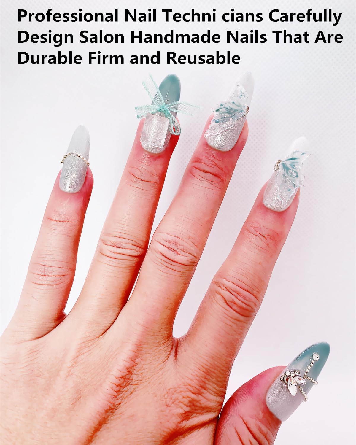 CAMILCY Press on Nails Handmade Nails Luxury Reusable Fake Nails For Girls long Almond armor Gradient Blue Diamonds HandPainted Salon Loveful Design Acrylic GelUV Finished 3D Nails 10PCS(A018, M)