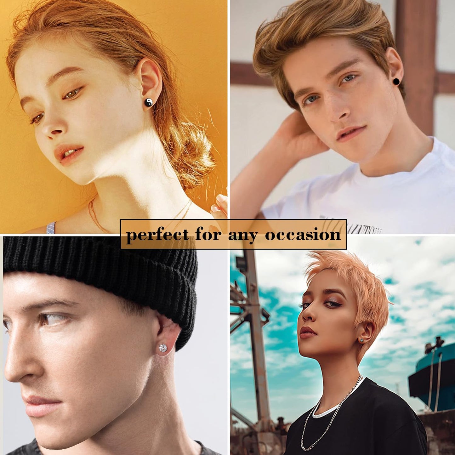 SIISPRI 4 Pairs Black Earrings for Men, Titanium Screw Back Surgical Stainless Steel Stud Earrings Rainbow 5A Cubic Zirconia Hypoallergenic Aritos Para Hombre Studs Jewelry Set for Men Women (Flat Back Stud Earrings-A)