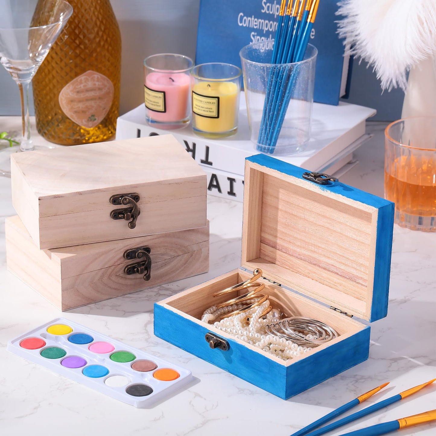 Barydat 24 Pack Unfinished Wooden Boxes for Crafts 6 x 4 x 2, Small Keepsake Box, Wood Box with 10 Paintbrushes and Hinged Lid Treasure Chest Wood Boxes for DIY Crafts Jewelry Birthday Party Favor