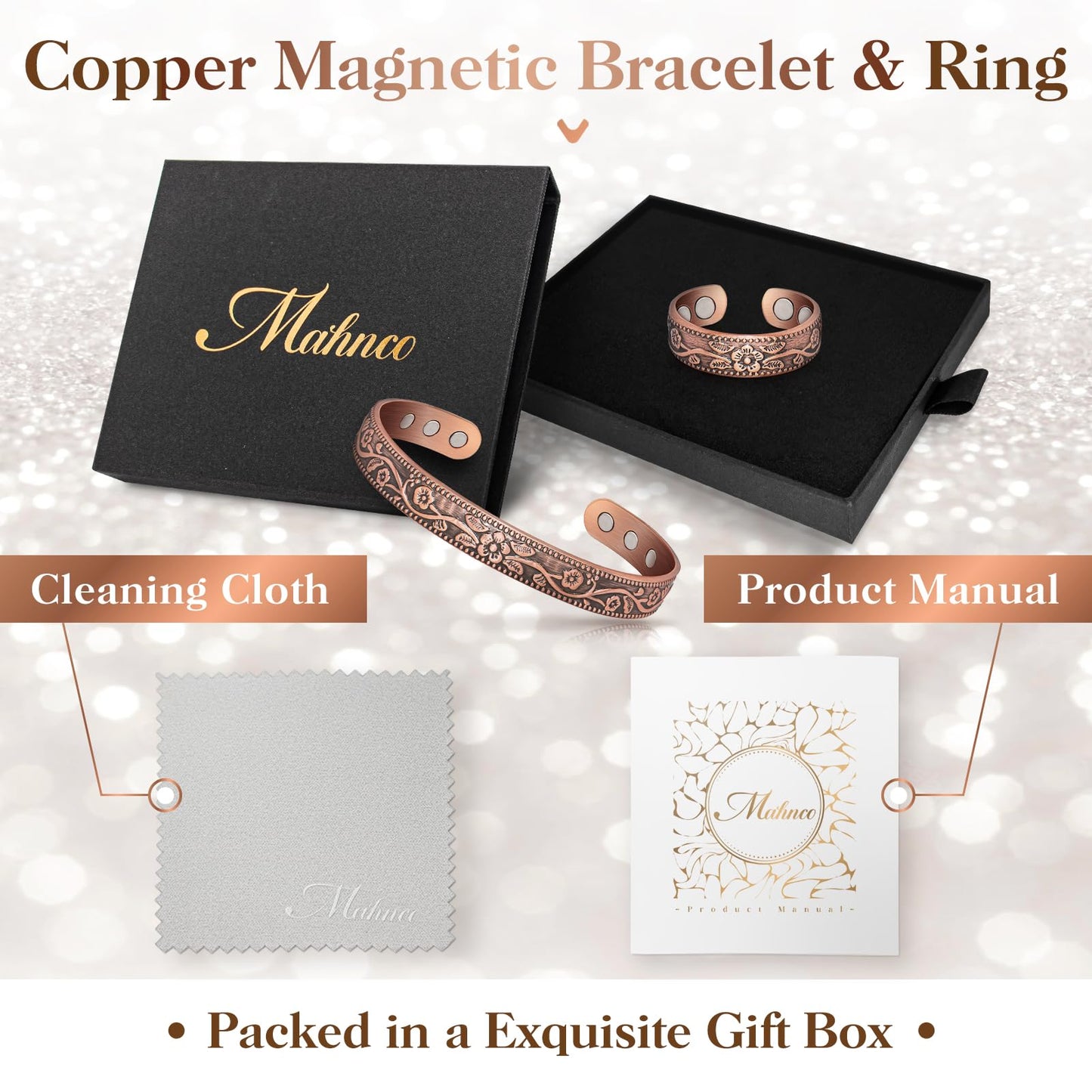 Copper Bracelet for Women & Lymphatic Drainage Ring, Adjustable 100% Solid Pure Copper Jewelry Gift with 6 Magnets, Vintage Unisex Wellness Design
