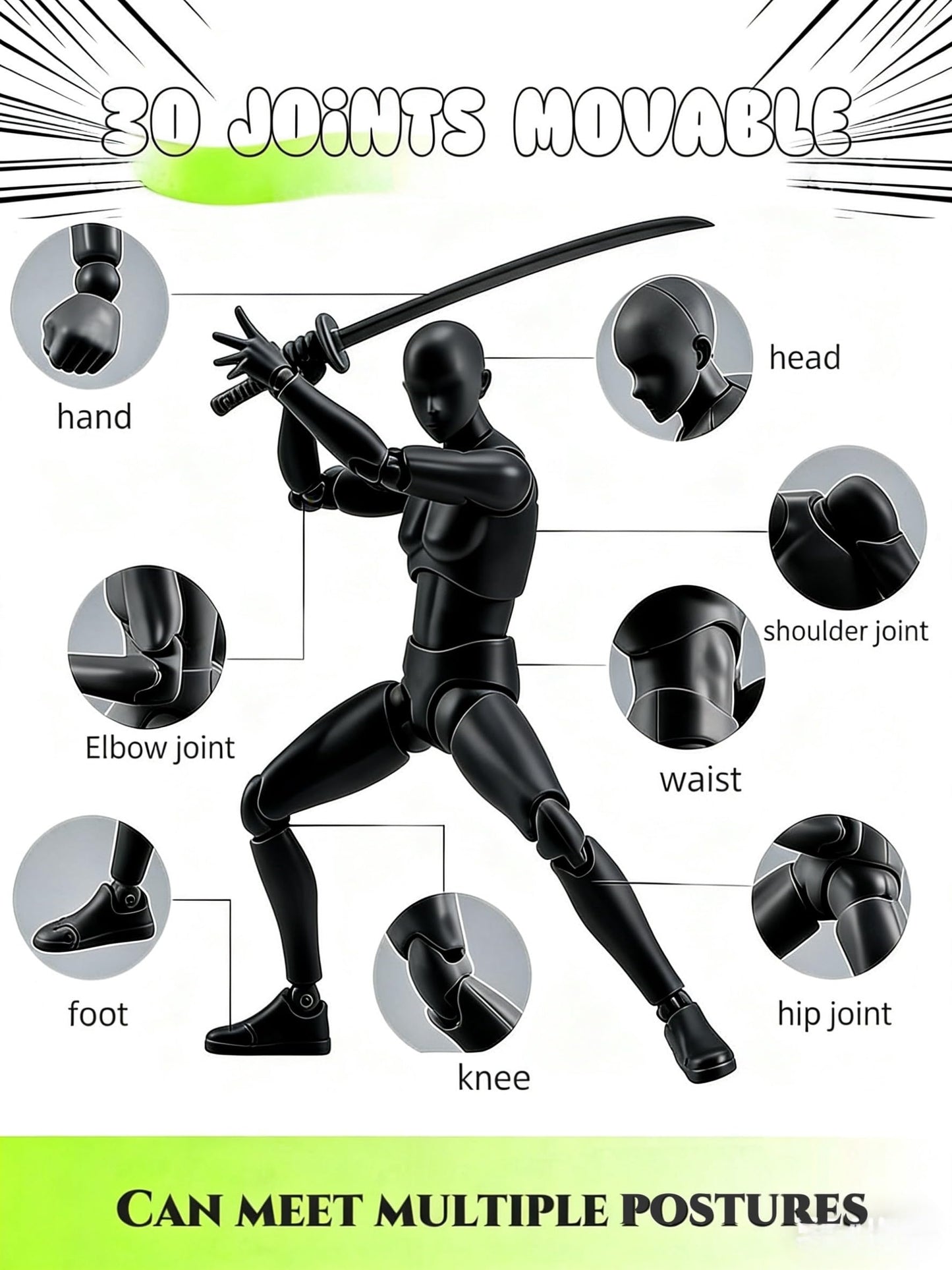 Artists Manikin Art Mannequin Figures Supplies Drawing Tools,Small Drawing Figure Model for Action Figure,Set Sketching,Painting(Black-Female)