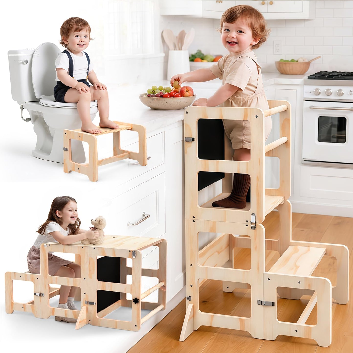 Toddler Kitchen Step Stool, 4-in-1 Foldable Standing Tower with Blackboard, Toddler Step Stool for Bathroom Sink, Kitchen Counter, Ages 18 Months+, 1-3 Year Old Boy Girl Gifts