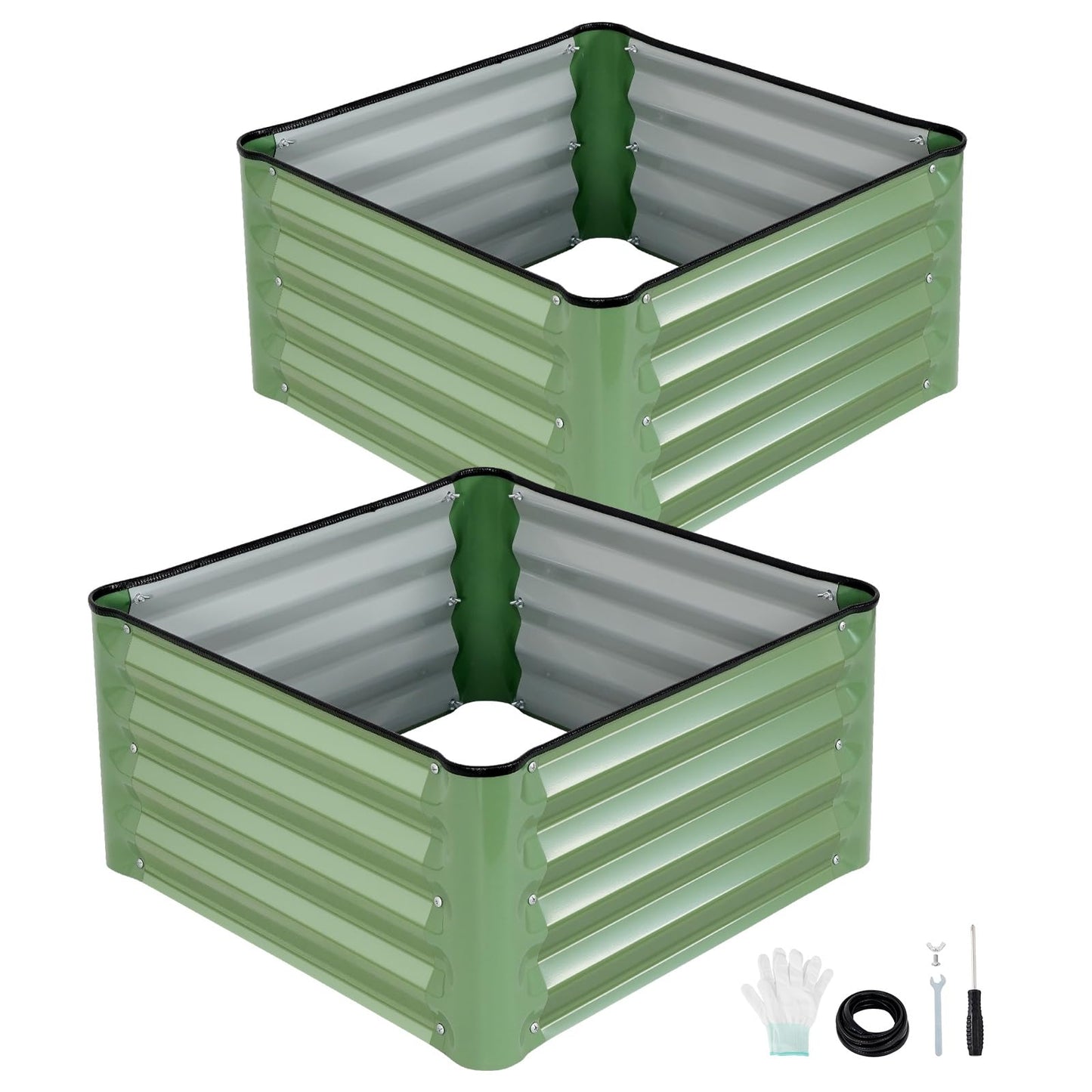 INNO STAGE Galvanized Raised Garden Bed Kits, 2x2x1ft Metal Raised Garden Beds Outdoor, Steel Raised Planter Bed with Gloves for Vegetables & Flowers Patio Ground Planter Box (Olive Green, 2PCS)