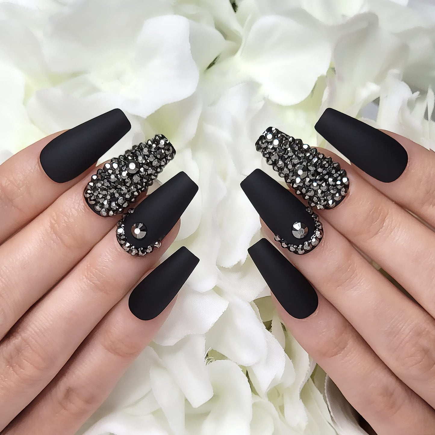 Hypnaughty Press On Nails - Rhinestone & Rhinestone Noir Coffin, Trendy & Salon Quality Reusable Nails With Kit
