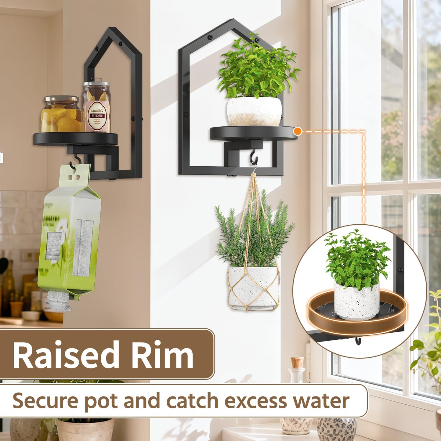 LASZOLA 2 Pcs Black Wall Mount Plant Shelves with Hangers for Indoor Flower, Heavy Duty Metal Window Floating Planter Holders Stand, Iron Modern Picture Frame Decorative for Bathroom Kitchen with Hook