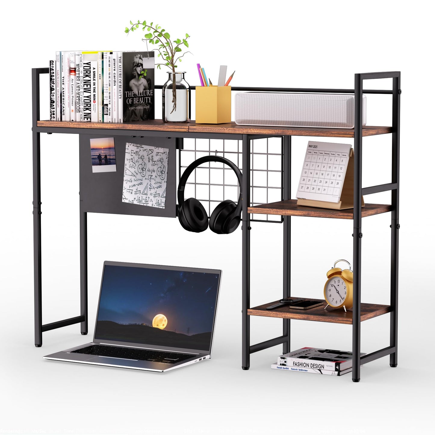 ZNMYDMT 38.5" 3-Tier Desktop Bookshelf | Desk Organizer Shelf & Computer Monitor Stand | Dark Brown Home Office Storage
