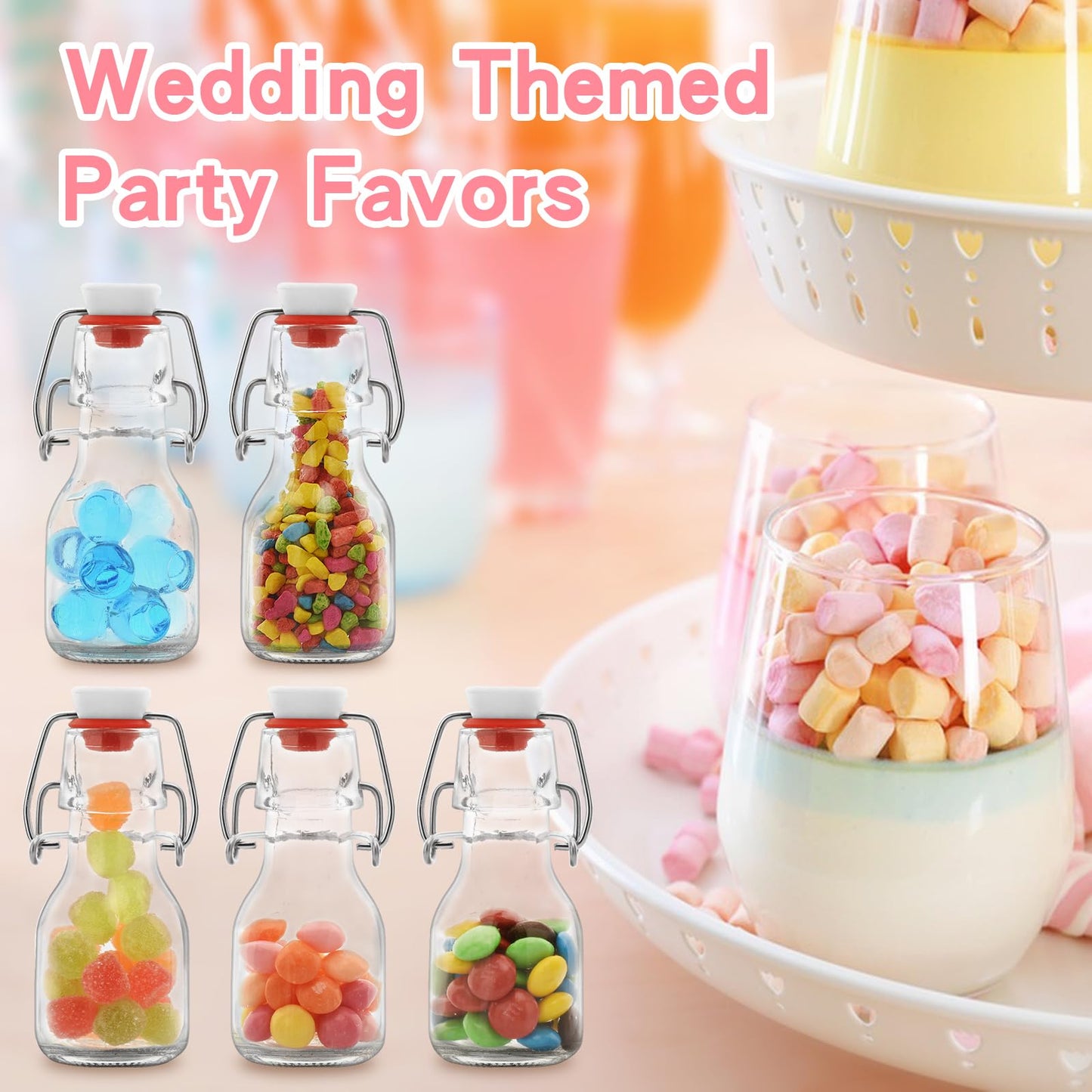 eispap 6Pcs Red Lid 2 oz Mini Swing Top Glass Bottles, 60ML Mini Storage Bottles, with Lids Kraft Decoration,Small Glass Bottles,for Wedding Themed Party Favors (6)