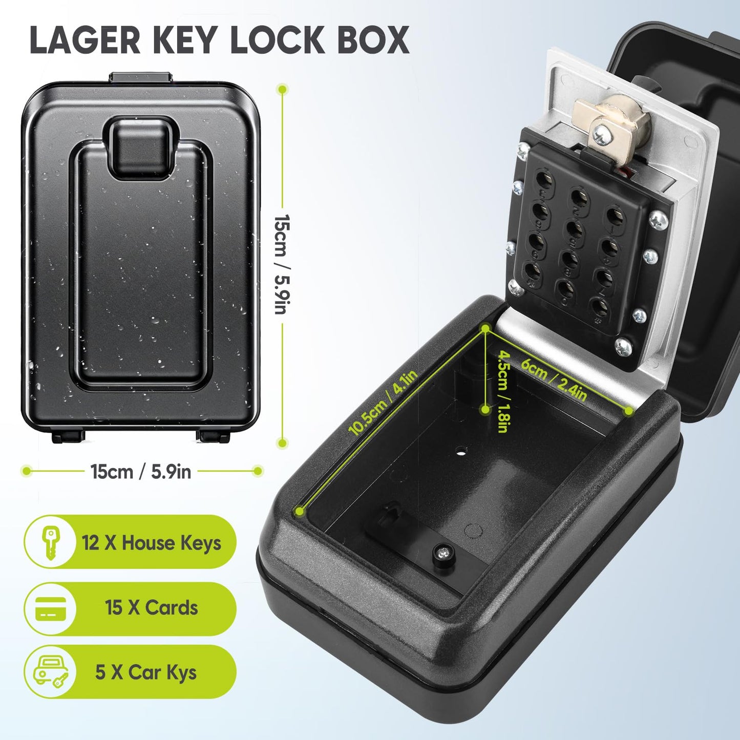 BKNOOU Sturdy Waterproof Key Lock Box for Outside, Large Capacity Wall Mount Lock Box for Keys with Code, 12-Digit Combination Resettable Security Lockbox for Outdoor House Spare Keys, Home, Garage