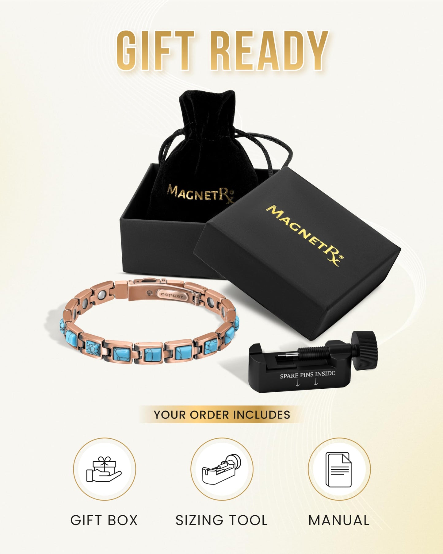 MagnetRX Pure Copper Bracelets for Women – Ultra Strength Copper Magnetic Bracelet with Turquoise Stone – Adjustable Turquoise Bracelet for Women with Sizing Tool (Classic Turquoise)