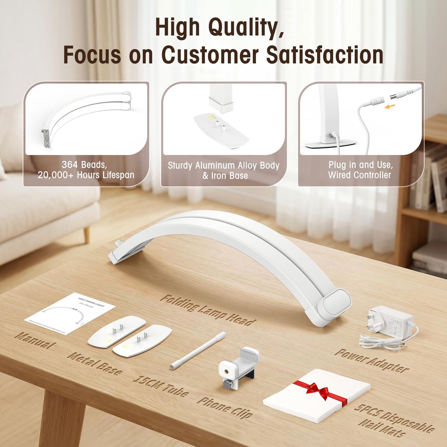 LIONVISON Half Moon Light for Desk: 29" Foldable Nail Light for Desk with Phone Holder - 3000K-6500K 3 Color Modes 10 Brightness for Salon Nail Technicians & Home DIY Manicure Enthusiasts (White)