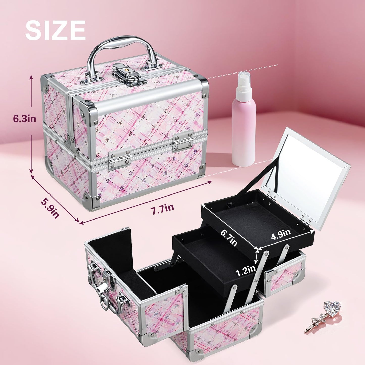 FRENESSA Makeup Train Case Portable Makeup Case Organizer Cosmetic Box Make Up Box Makeup Organizer Cases with Mirror Locking Nail Kit Organizer Travel Case Pink Plaid