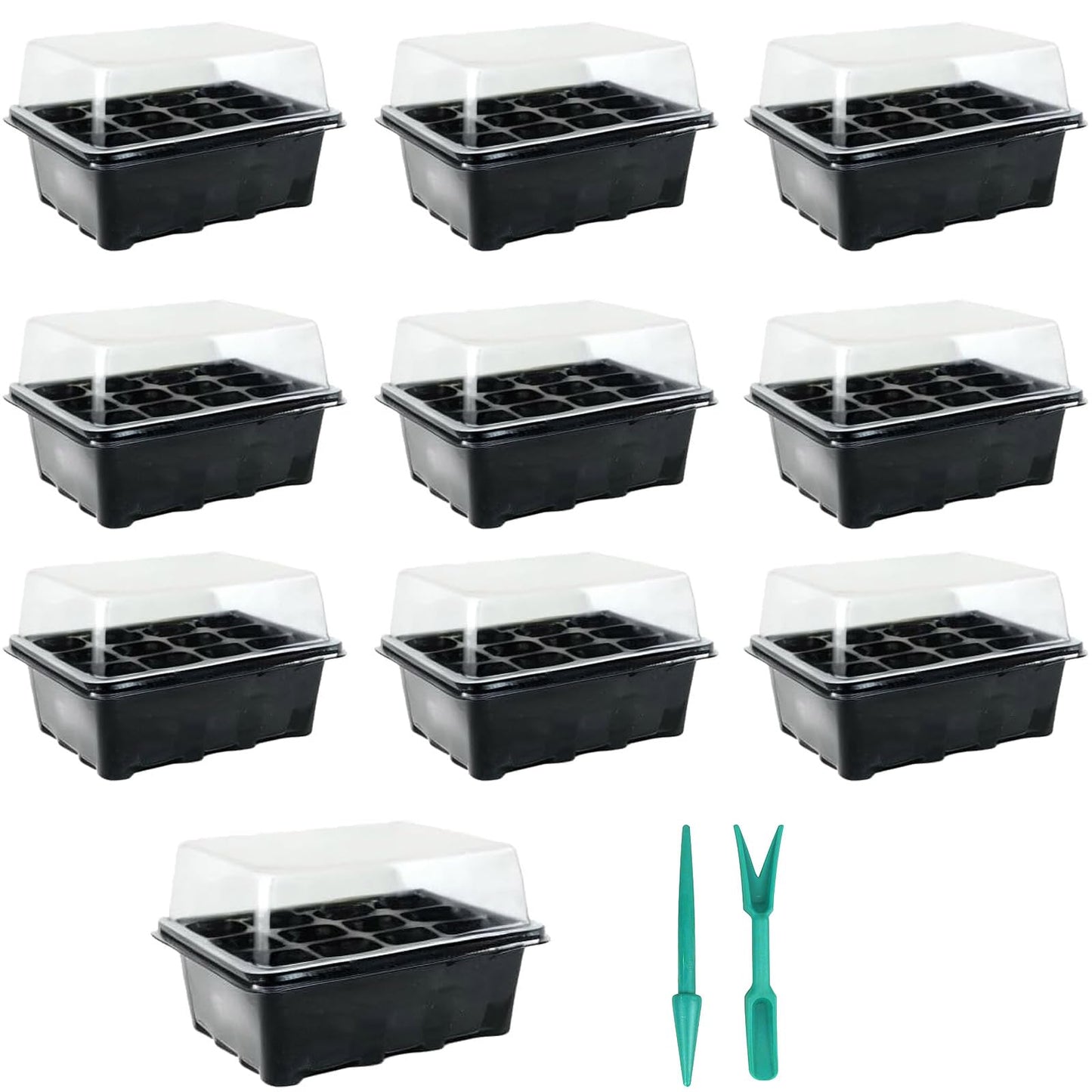 Gardeningwill 10 Sets of Plant Seedling Starter Trays – 12 Cells per Tray with Dome, Durable Reusable Plant Germination Kit with Dibber & Widger