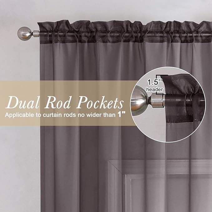 Lecloud Sheer Curtains 90 Inch Long 2 Panels, Chocolate Light Filtering Living Room Curtains Dual Rod Pocket, Airy Voile Sheer Curtain for Bedroom Large Window Treatments, Each Panel 42 X 90 Inch