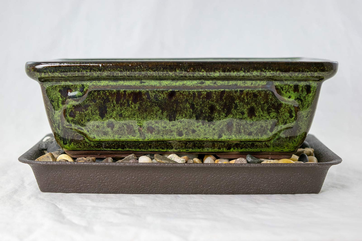 8" Rectangular Moss Green Glazed Bonsai Pot, Cactus & Succulent Planter + Tray + Rock + Mesh Combo