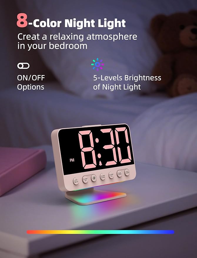 Odokee Digital Alarm Clocks for Bedrooms with Large Bold Number | Pink Alarm Clock with 8 Night Lights & Dimmable Display - Cute Alarm Clock with 5 Sounds for Girls Teens Kids - Sakura Pink