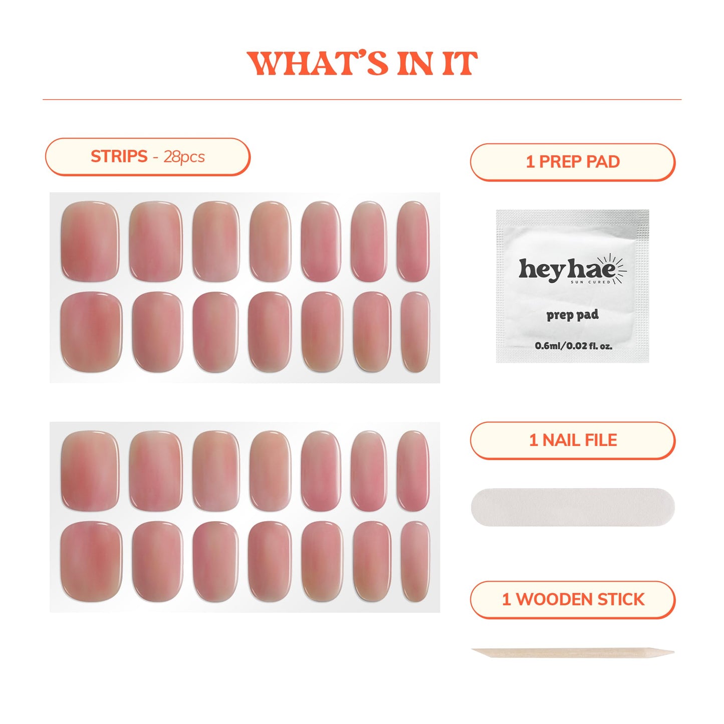 Heyhae Semi Cured Gel Nail Strips | No LED Lamp Needed | Solid, Pink, Spring | Easy Apply & Remove, Salon Quality | Includes 28 Strips, 1 Prep Pads, Nail File & Wooden Stick - Hey, Summer Sweetheart