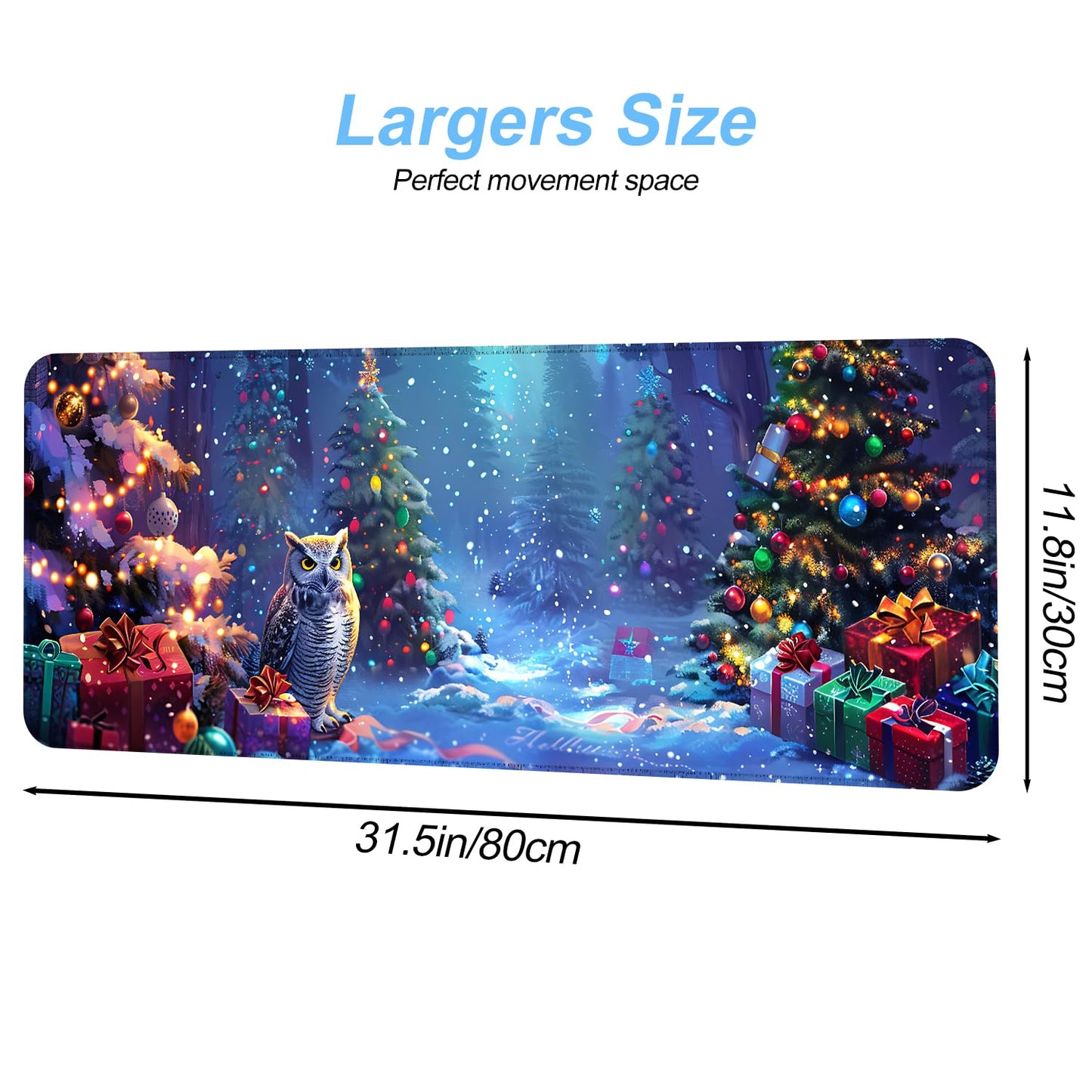 Christmas Owl Mouse Pad XXL – Large Holiday Desk Mat with Forest Gifts and Snow Lights, Extended Non-Slip Mousepad for Office, Gaming, Home Setup, 31.5 x 11.8 in