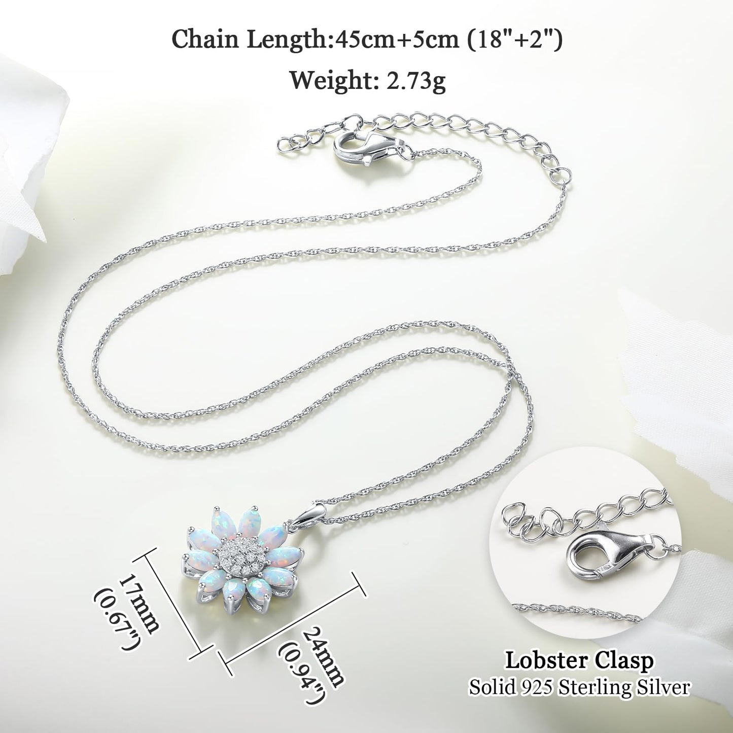 RANDES Opal Sunflower Necklaces for Women 925 Sterling Silver Dainty October Birthstone Pendant Created Opal Flowers Necklace