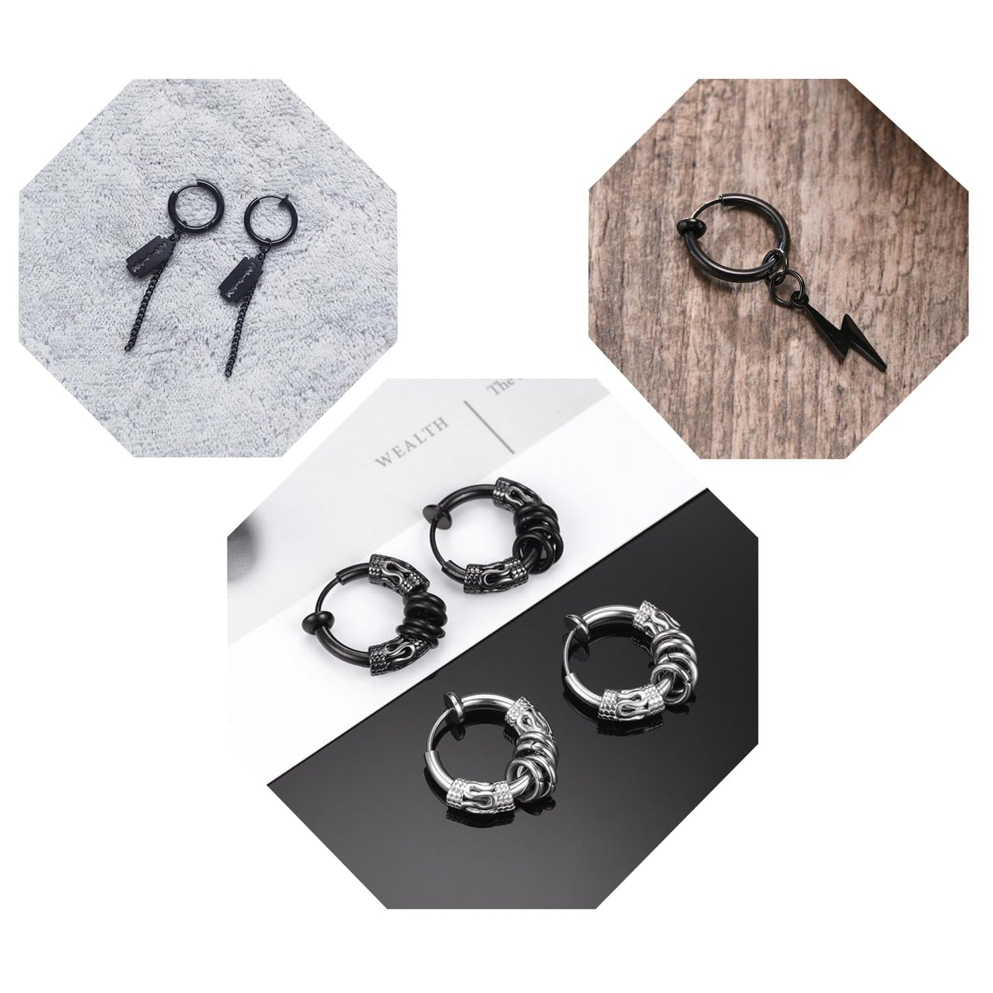 14 Pcs Black Gothic Viking Non Pierced Cross Sword Spike Awl Peace Dangle Chain Clip on Hoop Earrings Set for Unisex Fake Piercing CZ Earrings