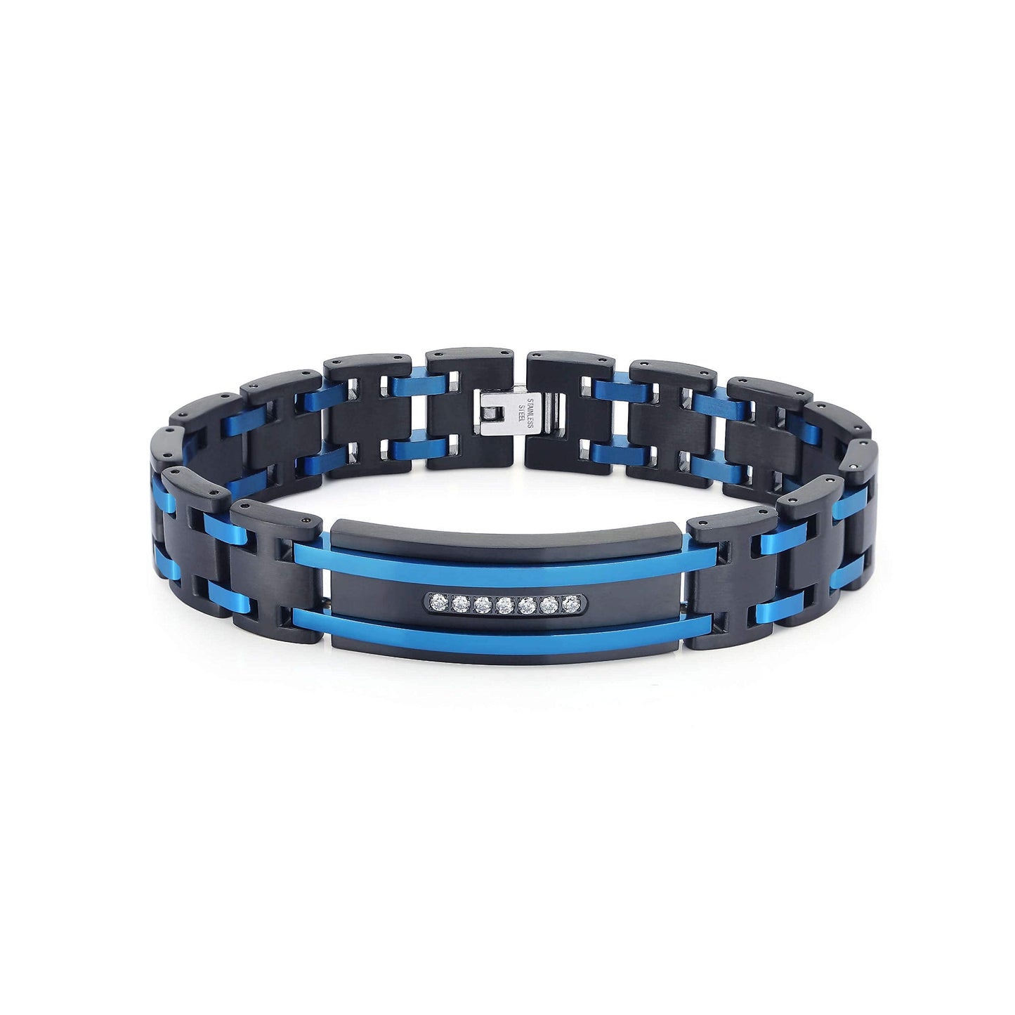 Zillaly Men's Stainless Steel Two-Tone Square Link diamond Bracelet in Black & Blue Ion-Plated Black (Black & Blue & Diamond)