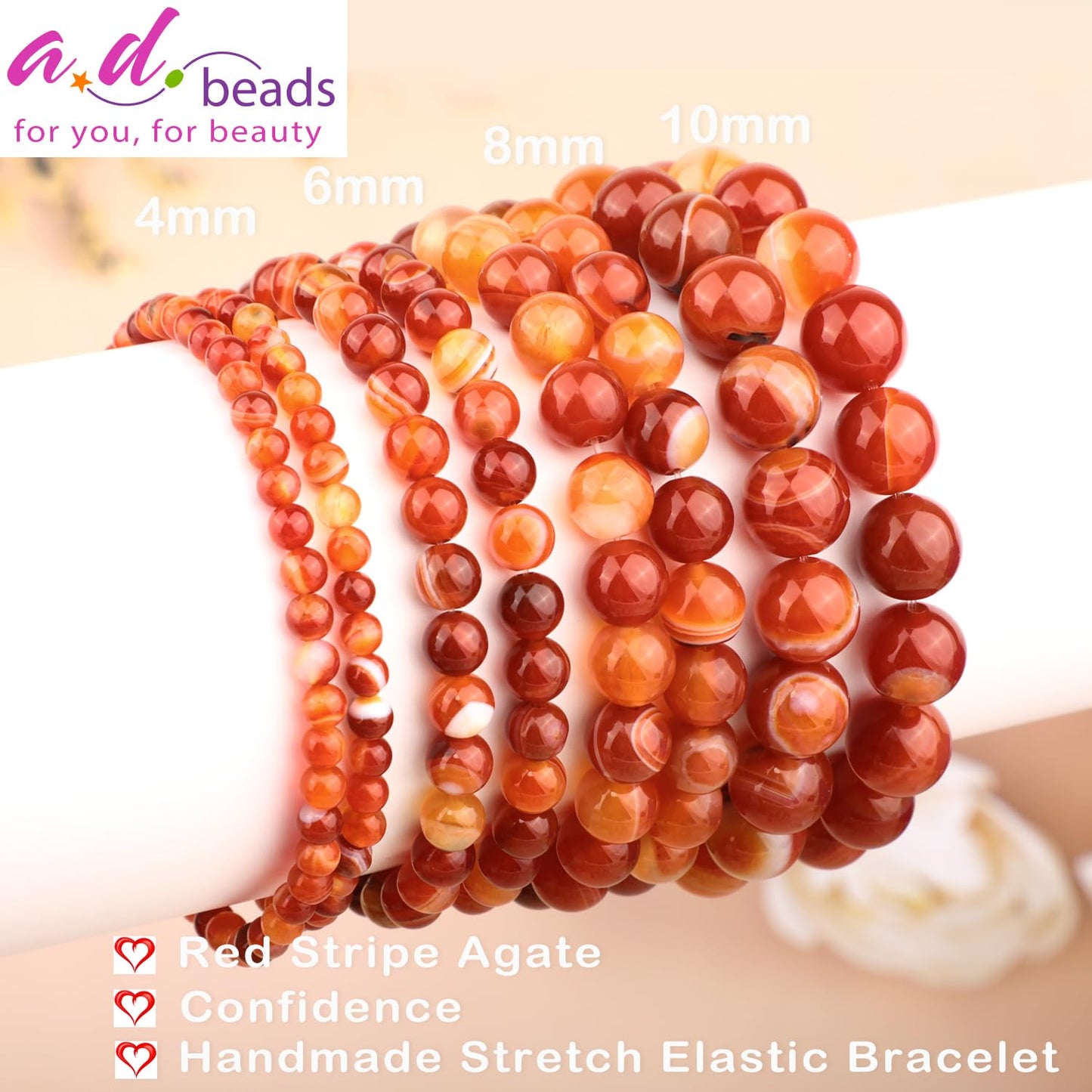AD Beads 8mm Handmade Red Stripe Agate Elastic Bracelet – Natural Gemstone for Confidence – Meditation, Yoga, Healing and Energy Gift for Men Women