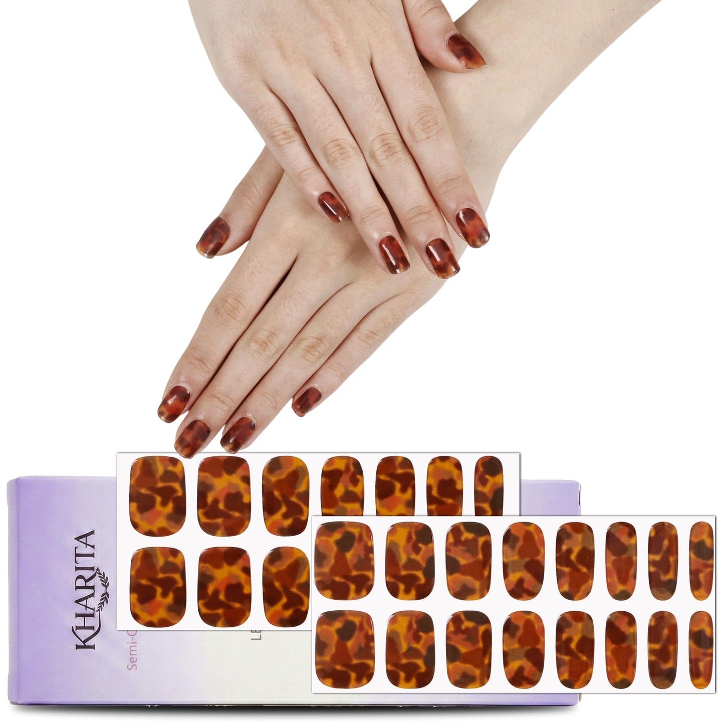 KHARITA Semi Cured Gel Nail Strips – Real Gel Nail Polish UV Wraps for Brittle Nails | Waterproof Long Lasting Easy Peel-Off Removal | Hema-Free | Dark Brown Pattern Salon Kit with File & Stick