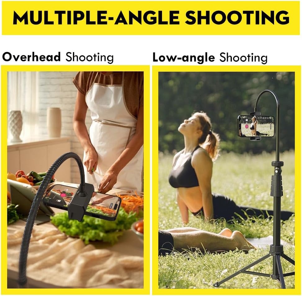 Aureday 88’’ Flexible Phone Tripod with 14.95’’ Gooseneck, Remote and Phone Holder, Overhead Cell Phone Stand＆Selfie Stick for Video Recording, Compatible with iPhone Android Phone, Camera