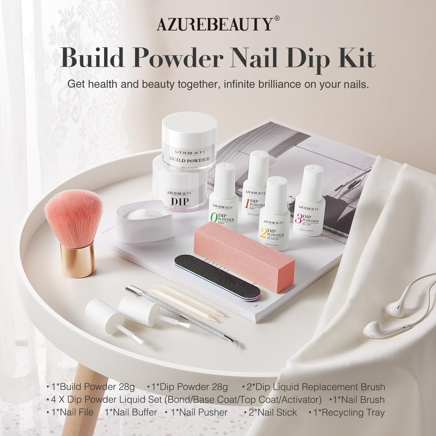 AZUREBEAUTY Clear & White Dip Powder Nail Kit, 28g/1Oz 15 Pcs Essential Dipping Build Powder with Basics Dip Powder Liquid Set Top & Base Coat Bond Activator for Beginners Nail Manicure Salon Home