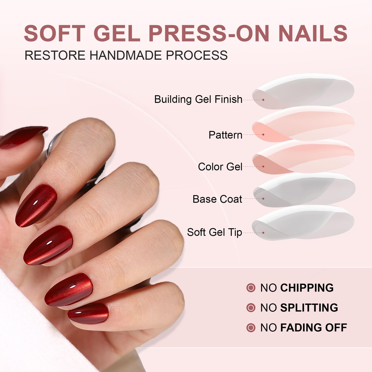 WAFOLOZE Gel Press On Nails - Almond Short Fake Nails with Glue, 16 Sizes - 32Pcs Reusable Soft Gel False Nails Tips Kit, Deep Red