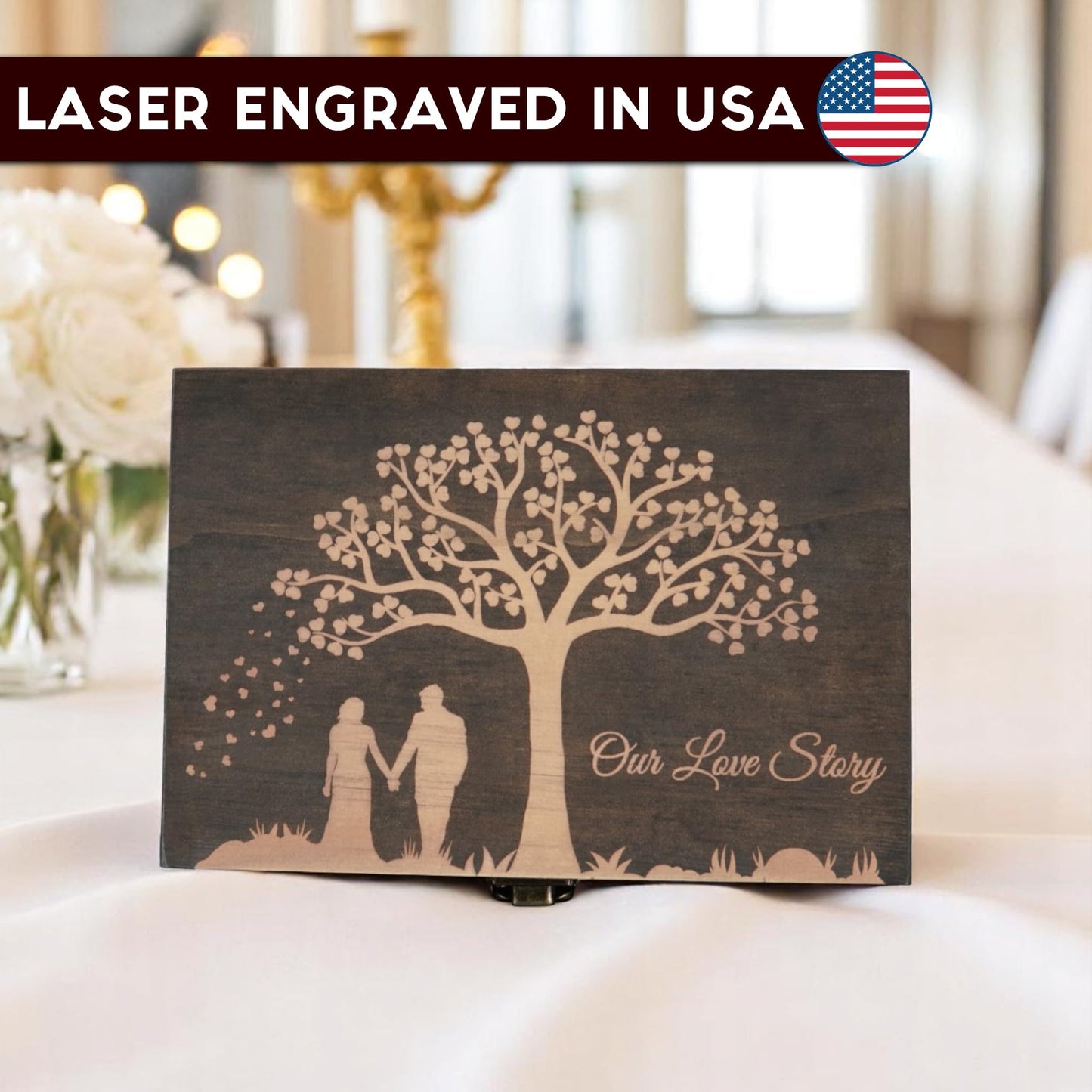 Engraved Wedding Memory Box- Wooden Keepsake Box for Bride & Groom, Letters, Photos, First Anniversary and Valentine’s Day Gift, Personalized Rustic Storage, Medium Size, Dark Walnut - 8.5 x 6 x 3 in