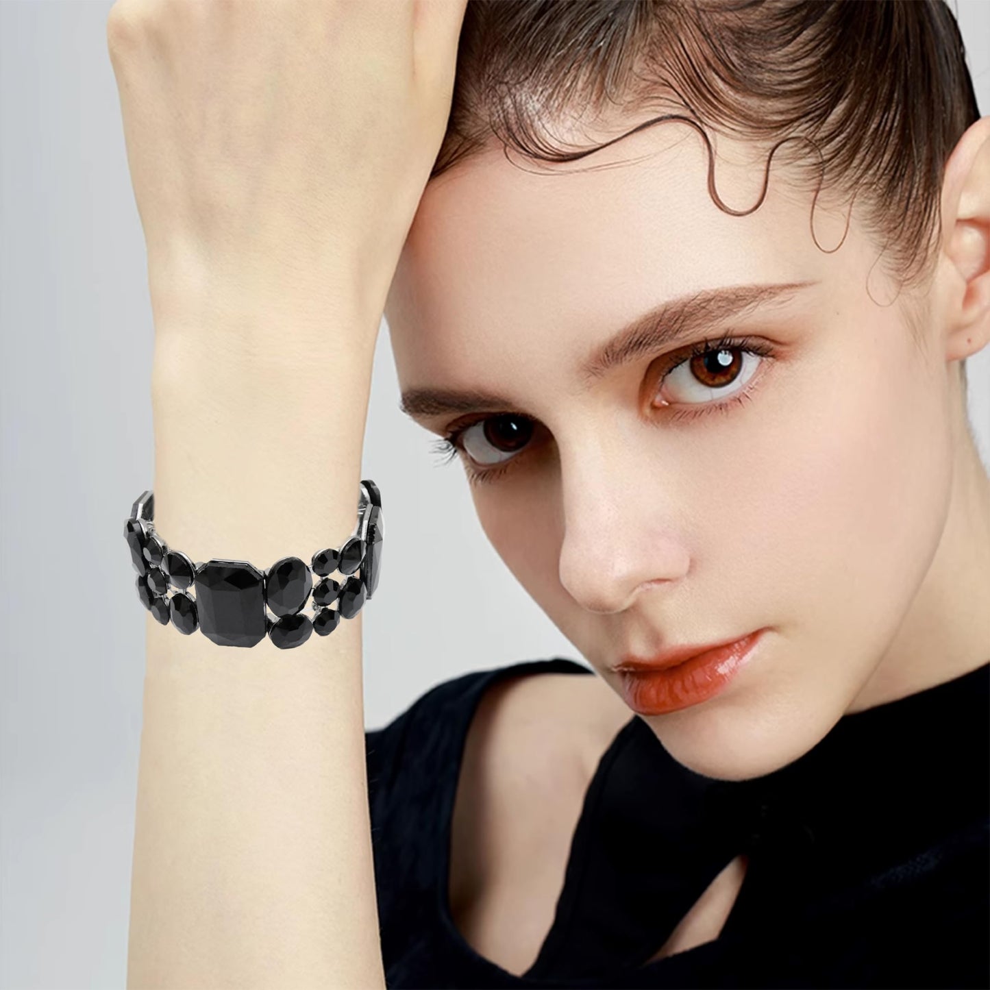 CSY Women's Statement Stretch Wide Bangle Bracelets Austrian Crystal Art Deco Elastic Bracelet for Party Prom (black crystal)