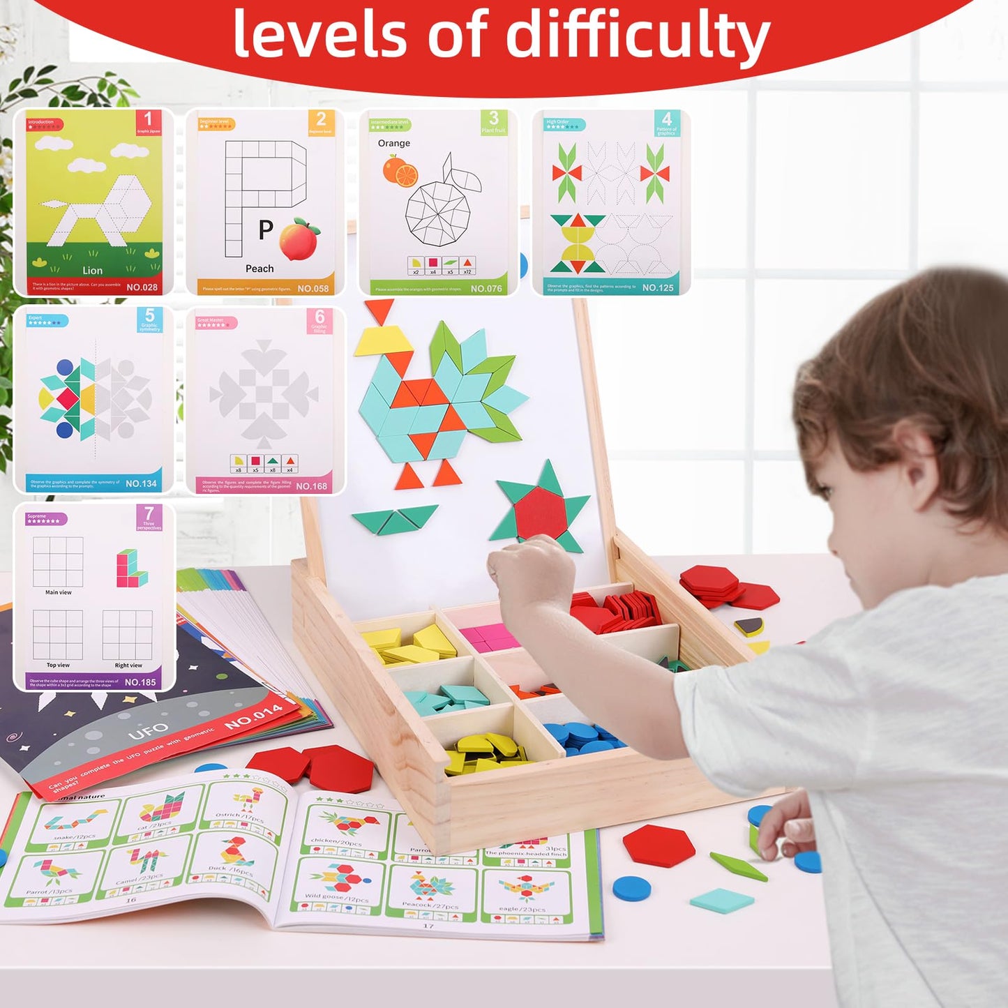 GEMEM 288 PCS Wooden Magnetic Pattern Blocks Set,Montessori Tangram Puzzle STEM Toys for Kids Ages 3-8, Educational Learning Toys Gift