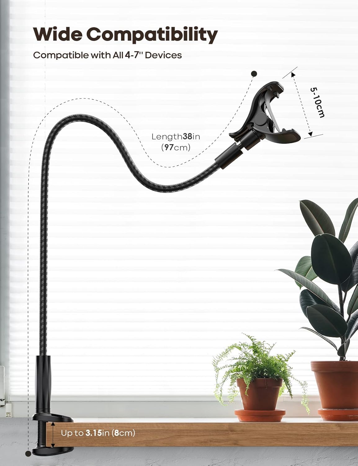 Lamicall Gooseneck Phone Holder Bed - [Nylon Braided] Flexible Arm, 38inch Overall Length, 360 Adjustable Clamp Clip, Overhead Cell Phone Mount Stand for Bed, Desk, 4-7” Cellphone