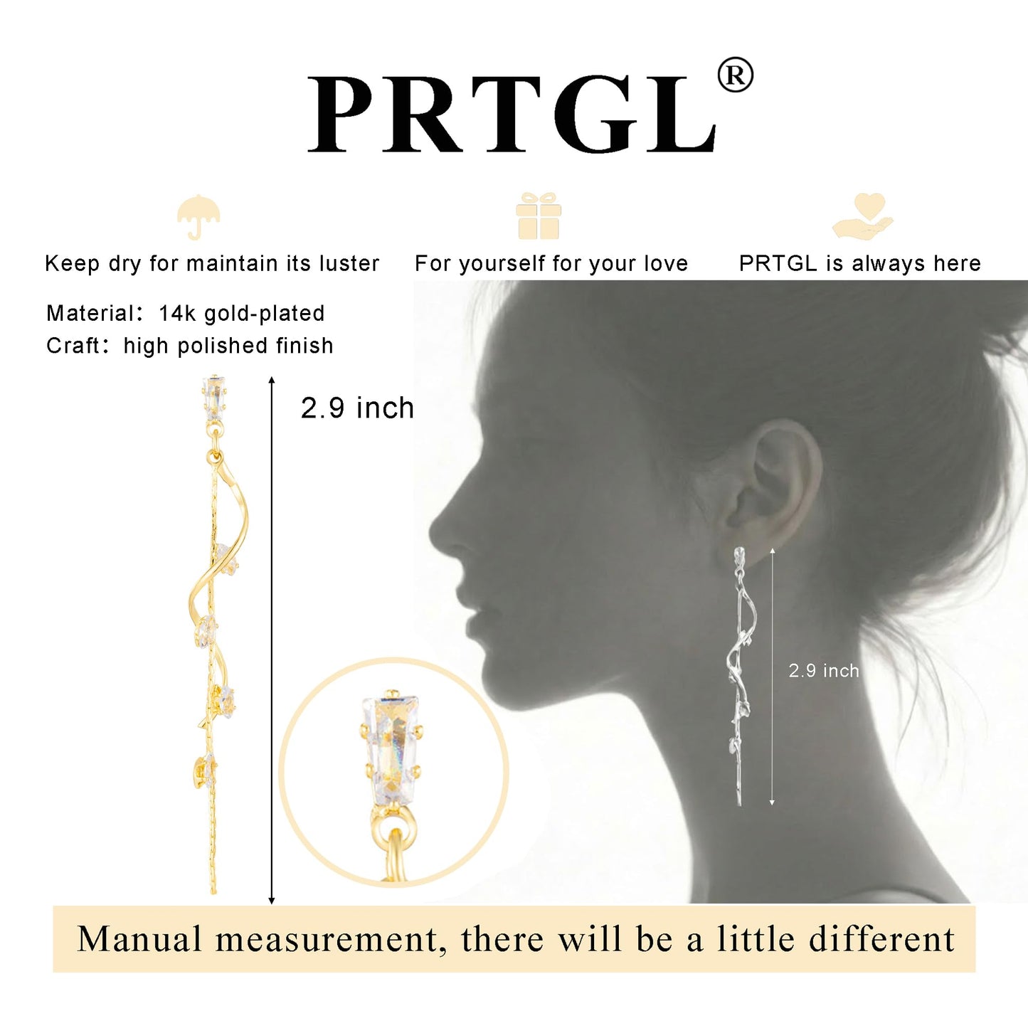 PRTGL Dangle Earrings - 14K Gold Plated Twisted Curve Long Dangle Earrings for Women with Cubic Zirconia