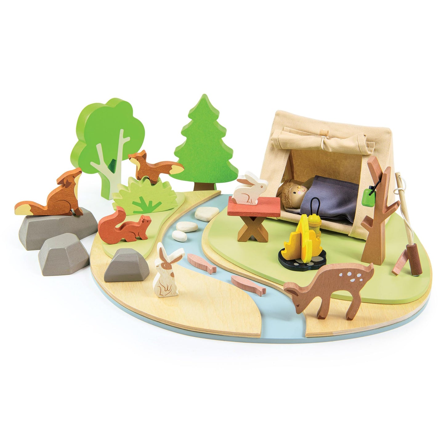 Tender Leaf Toys - Wildlife Camping Playset - Wooden Doll Sized Camping Set with Tent, Campfire, Fishing Rod & Accessories - Imaginative Play Set - Develop Storytelling & Fine Motor Skills - Age 3+