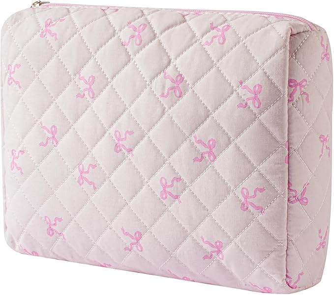 3Pcs Aesthetic Cotton Quilted Drawstring Makeup Bag Set, Aesthetic Cute Bow Makeup Pouch for Girls and Women, Aesthetic Travel Organized Cosmetic Bags for Purse(03Small Pink Bow)