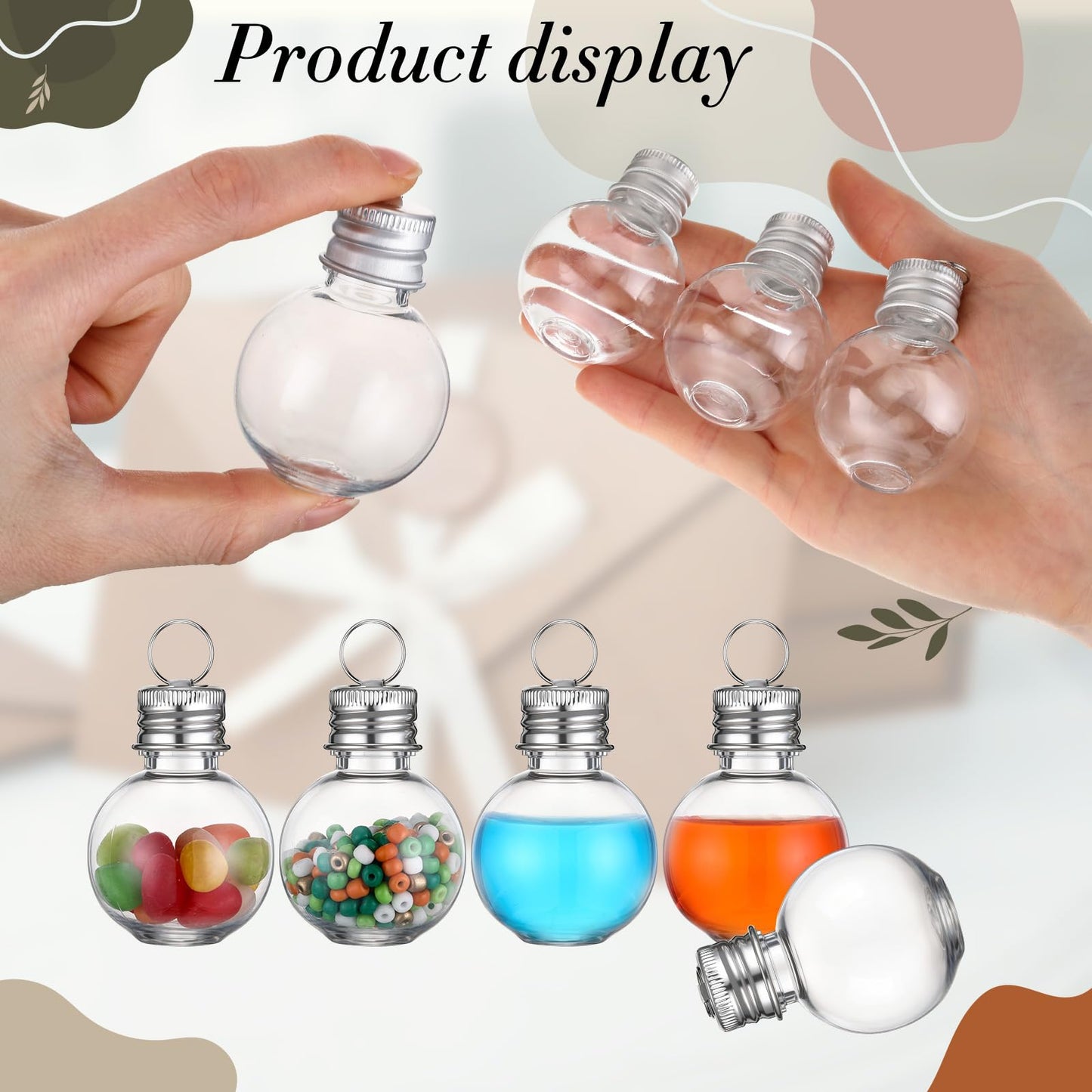 Bokon 50 Pack 1oz Mini Plastic Potion Bottles with Lids, Small Sand Art Bottles Ball Shaped Jar Tiny Clear Wishing Vial for Birthday Christmas Ornaments Halloween Party Decoration DIY Craft (Sliver)