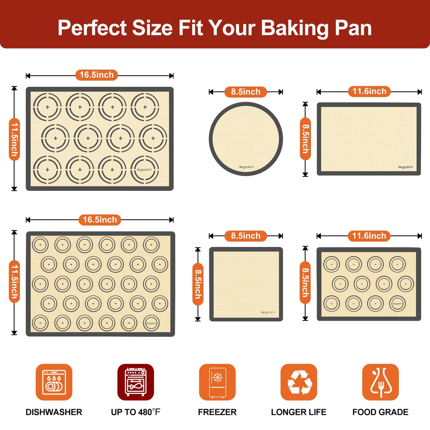 Silicone Baking Mat Set of 6, Non-Stick & Easy Clean Food Grade Reusable Baking Mat, Silicon Baking Mats Oven Liner Sheet, Round & Square Cake Mat, Pastry Board Rolling Dough Mats for Macaron Cookie