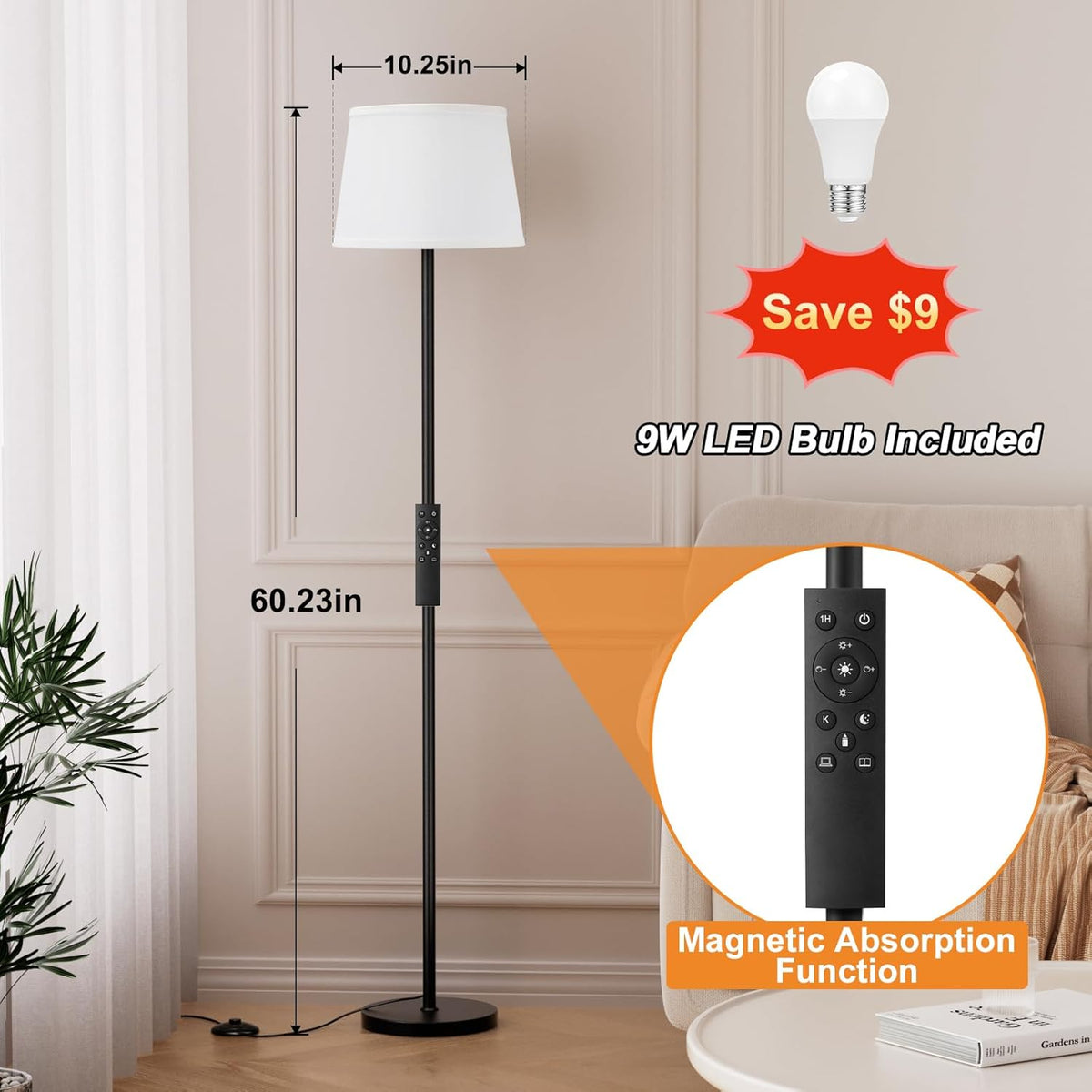 Modern Floor Lamp with Adjustable Brightness, Remote Control, Black, LED Bulbs, White Shade, Foot Switch, Easy Assembly