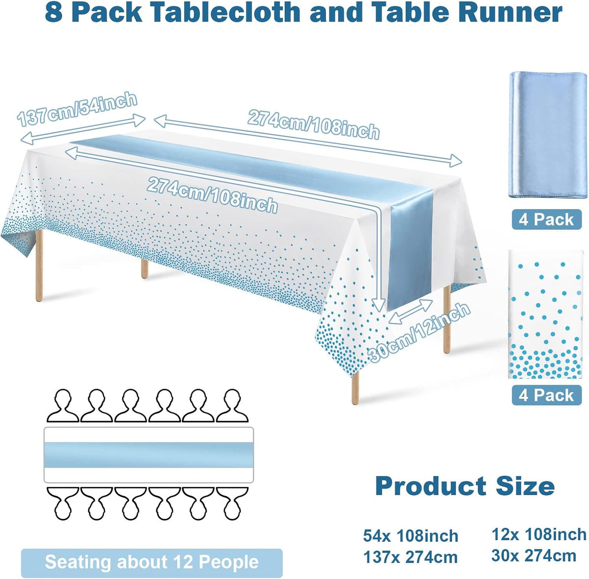 8Pack Disposable Plastic Tablecloths and Satin Table Runner Set White and Light Blue Dot Tablecloth Light Blue Satin Table Runner for Wedding Birthday Baby Shower Engagement Christmas Party Supplies