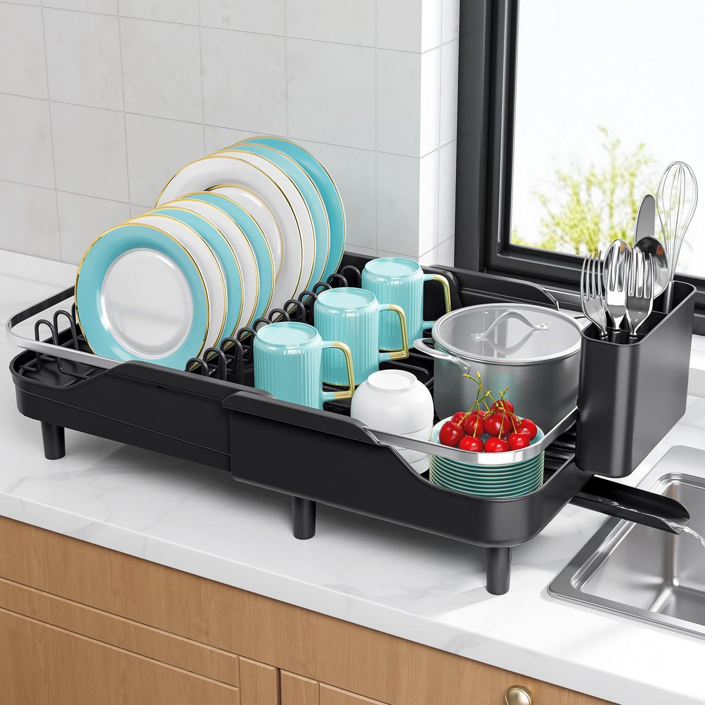 Urackify Expandable Dish Rack for Kitchen Counter,16.14"-23.62" Large Stainless Steel Dish Drying Rack with Adjustable Water Spout, Space Saving Dish Drainer with Auto Draining Cutlery Holder,Black