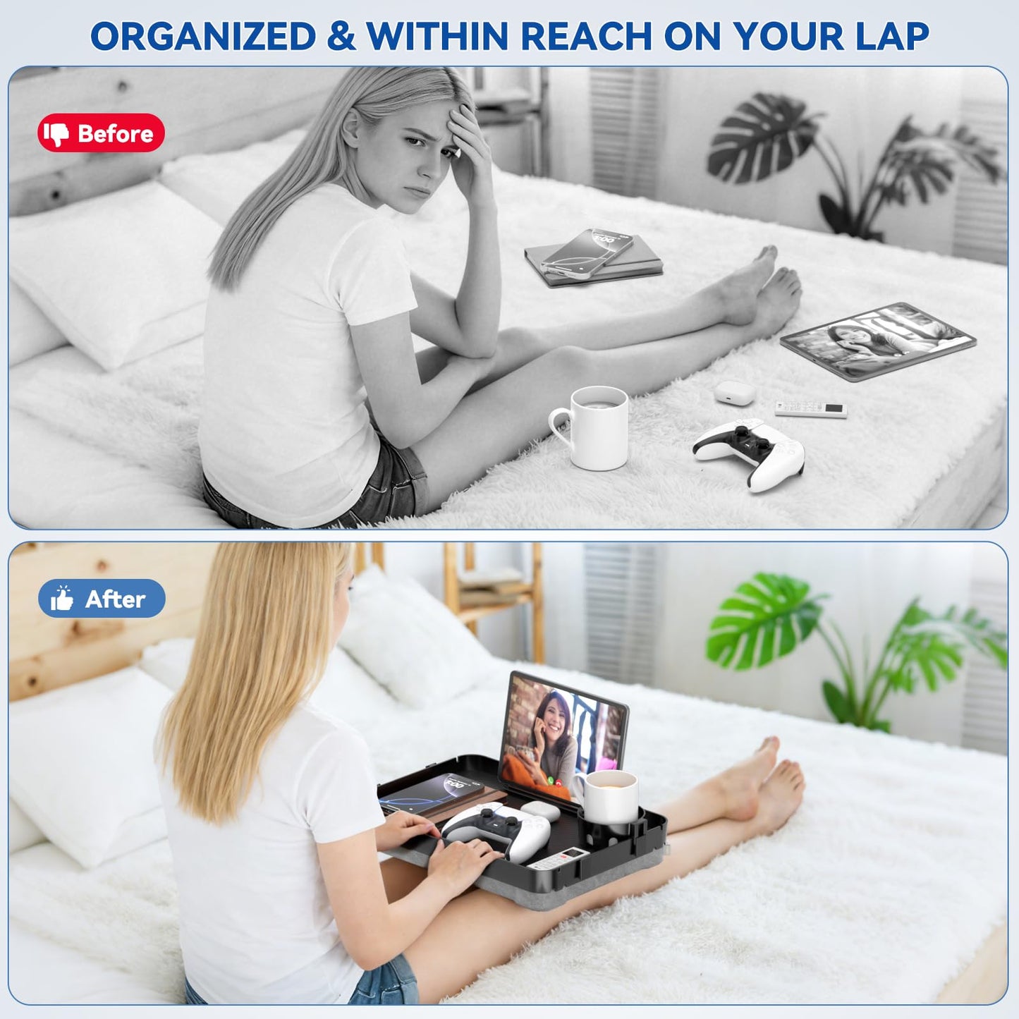 Lap Tray with Cushion Plastic Lap Desk with Cushion 15.5”Large Breakfast in Bed Tray with Removable Cushion & Cup/Phone Holder, Lap Table with Laptop Pocket for Couch TV Adults Eating Gaming Black