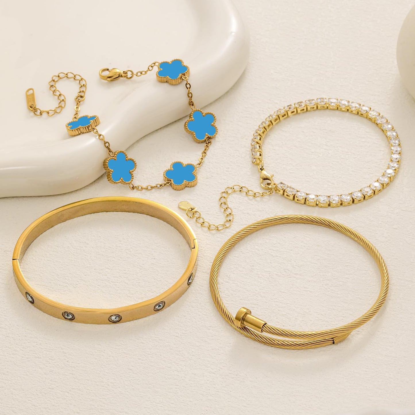 MEIERYA 18K Gold Plated Womens Stackable Floral Bracelets Set,Twisted Cable Bangle,Trendy Jewelry,Waterproof adjustable bracelet,Christmas Birthday Gifts for Girlfriend or Mother. (01-Color-blue)