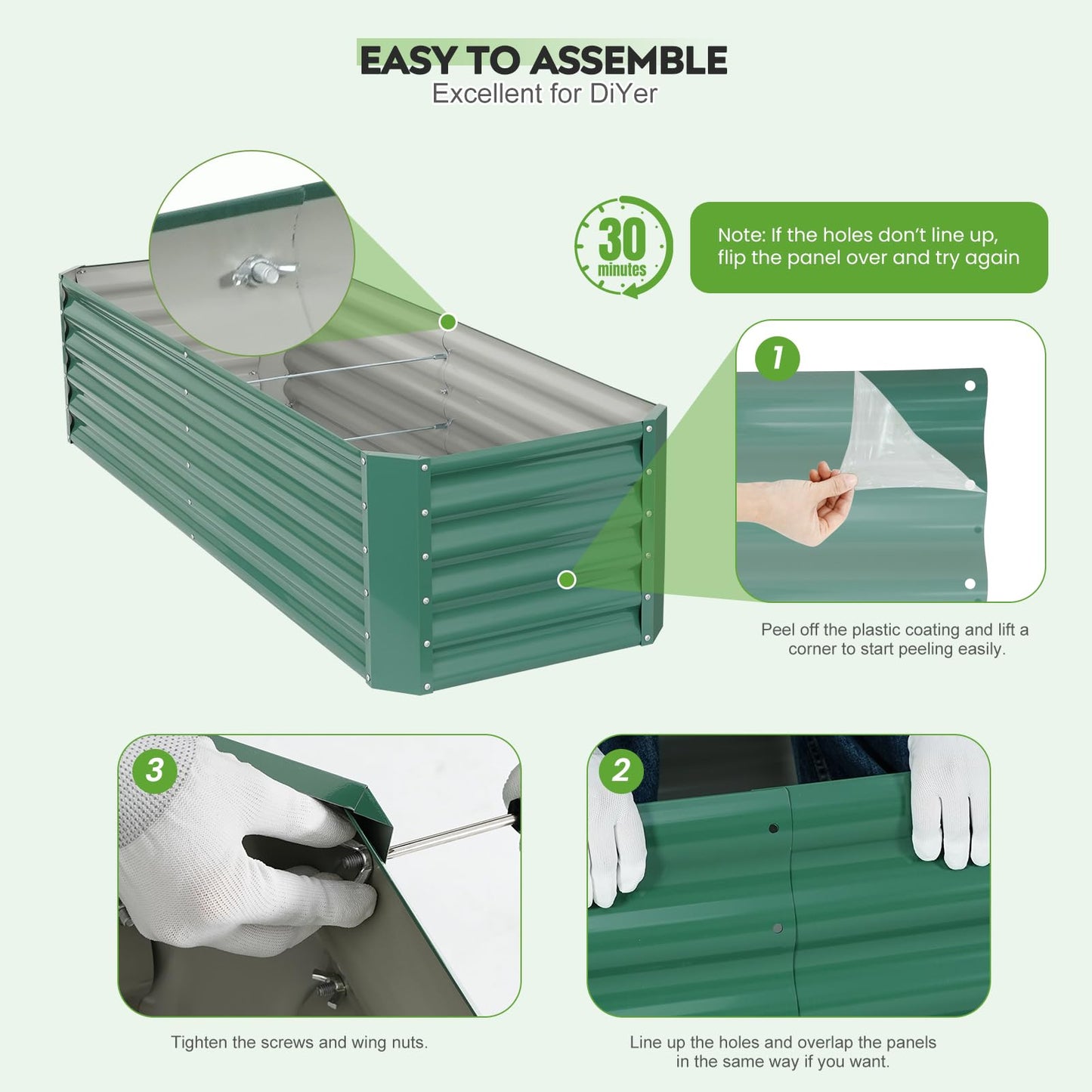 ZORMY 6×2×1.4ft Galvanized Raised Garden Bed Kit, Metal Planter Boxes Outdoor, High Raised Beds for Vegetables, Fruits, and Flowers - LotusGreen