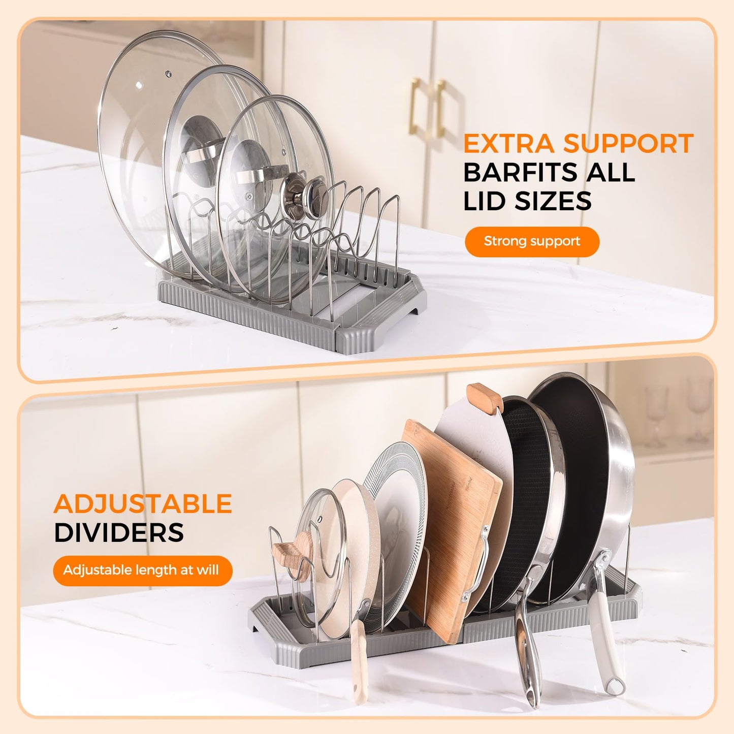 Adjustable Pot Lid Organizer Rack, 9 Compartments Cabinet Storage Holder for Pots, Pans, Lids, Cutting Boards, Bakeware